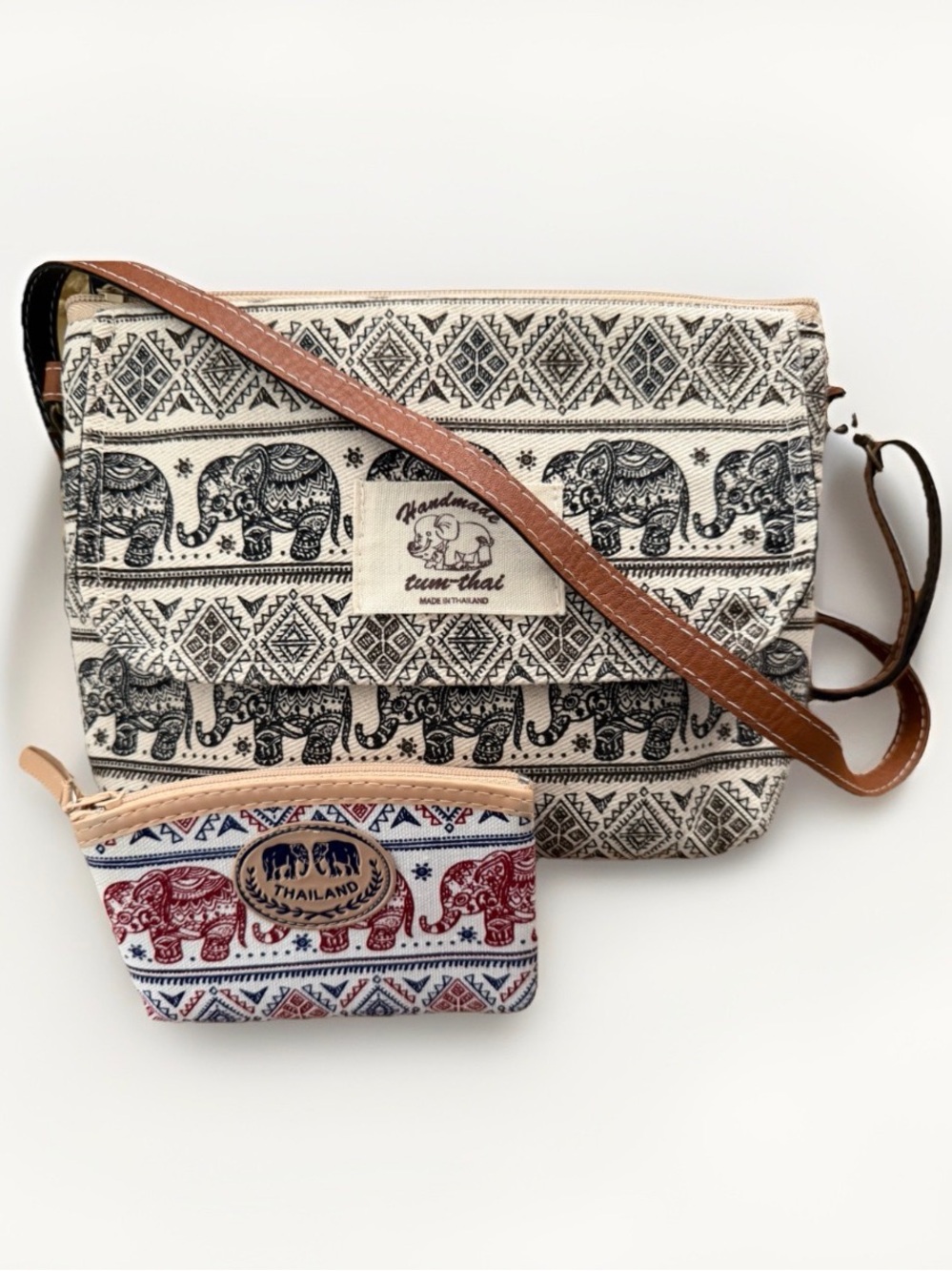 Set of 2 Handmade Thailand Elephant Print - Bag & Coin Purse – New, Never Used